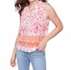 Charlie B Printed Sleeveless Ruffle Neck Top In Clementine