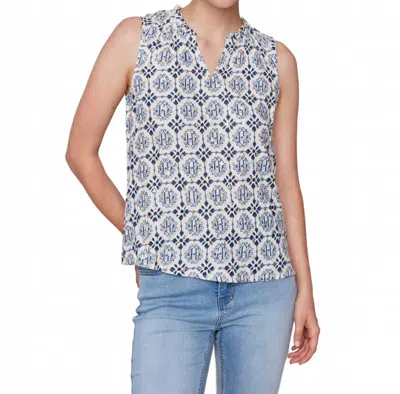Charlie B Printed Sleeveless Ruffle Neck Top In Ornament In Blue