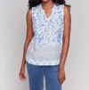 Charlie B Printed Sleeveless Ruffle Neck Top In Royal In Blue