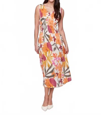 Charlie B Printed Sleeveless V-neck Dress With Ruching At Empire Waist In Bouquet In White
