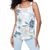 Charlie B Printed Square Neck Linen Cami Top In Basil In Blue