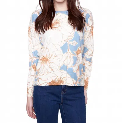Charlie B Printed Sweater With Side Buttons In Mist In Multi