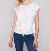 Charlie B Printed Tie Front Top In White In White