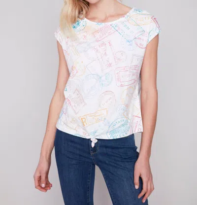 Charlie B Printed Tie Front Top In White In Multi