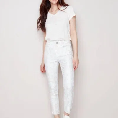 Charlie B Printed Twill Pant With Hem Slit In White Roses