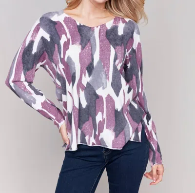 Charlie B Printed V Neck Plushy Basic Sweater In Purple