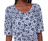 Charlie B Printed V Neck Top With Twist Front In Blue/white In Blue
