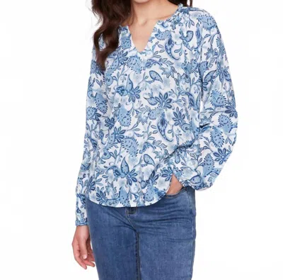 Charlie B Printed Viscose Long Sleeve Popover Blouse In Azure In Blue