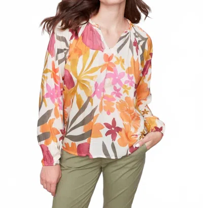 Charlie B Printed Viscose Long Sleeve Popover Blouse In Bouquet