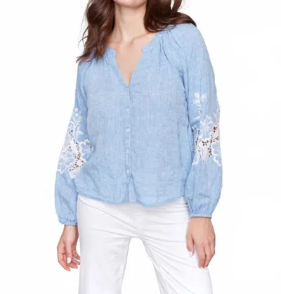 Charlie B Raglan Long Sleeve Blouse In Chambray