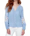 Charlie B Raglan Long Sleeves Blouse With Embroidery In Chambray In Blue