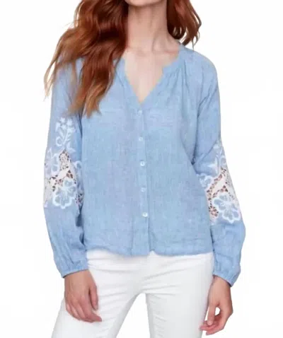 Charlie B Raglan Long Sleeves Blouse With Embroidery In Chambray In Blue