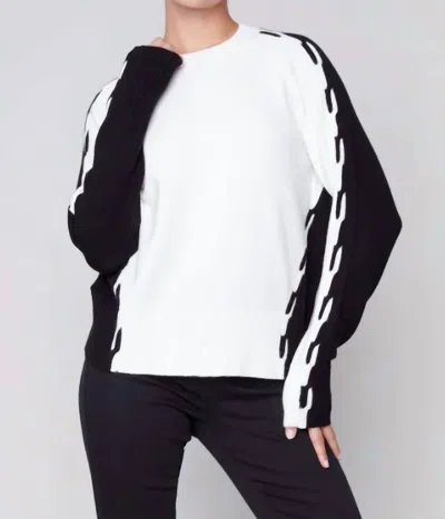 Charlie B Raglan Sleeve Sweater With Color Block Side Cable Design In Cream In White