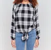 Charlie B Raglan Sleve Plaid Blouse In Black / White In Multi