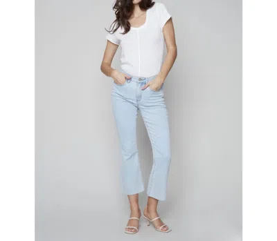 Charlie B Raw Hem Bell Bottom Pants In Bleach Blue