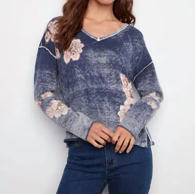 Charlie B Reversible Floral V-neck Sweater In Denim In Blue