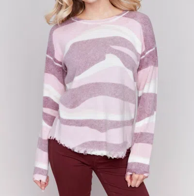 Charlie B Reversible Printed Sweater In Burgundy In White