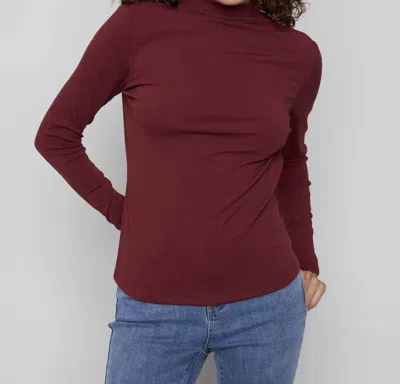 Charlie B Rib Knit Long Sleeve Mock Neck Top In Cabernet In Burgundy