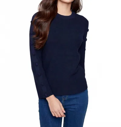 Charlie B Ribbed Crew Neck Sweater With Buttons Details In Navy In Blue