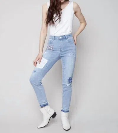 Charlie B Rips And Patches Denim Pants In Light Blue Wash In Multi