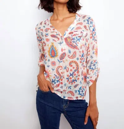 Charlie B Roll Up Sleeve Cotton Gauze Blouse In Festive In Multi