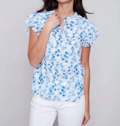 Charlie B Ruffle Sleeve Blouse In Blue Floral In White