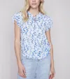 Charlie B Ruffle Sleeve Blouse In Blue Floral In Blue