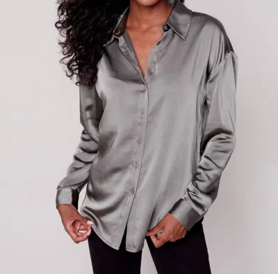 Charlie B Satin Button Blouse In Spruce In Grey