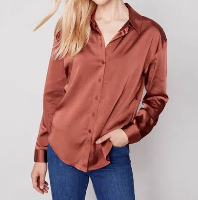 Charlie B Satin Button Down Blouse In Cinnamon In Brown