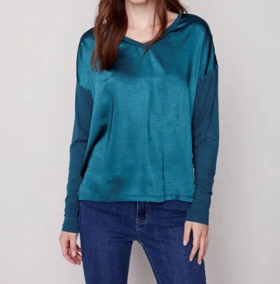Charlie B Satin Jersey Knit In Emerald In Gold