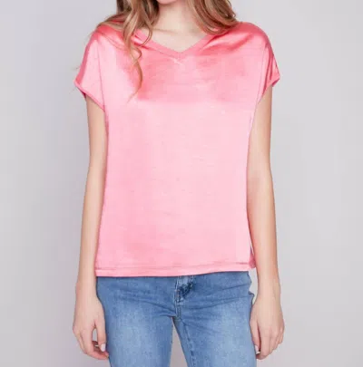 Charlie B Satin Knit Combo V-neck Top In Pink