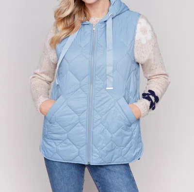 Charlie B Short Quilted Puffer Vest With Hood In Frost In Blue