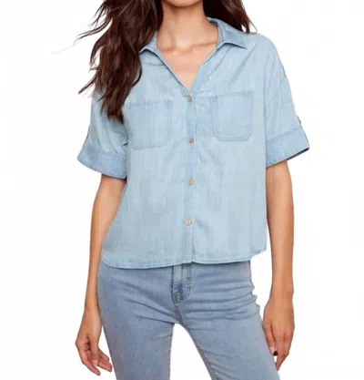 Charlie B Short Sleeve Button Front Tencel Blouse With Patch Pocket In Light Blue