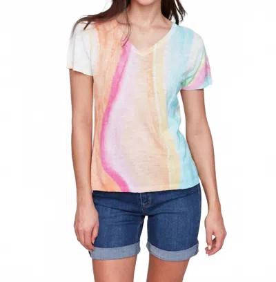 Charlie B Short Sleeve Crew Neck Printed Sweater In Rainbow In Blue