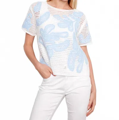 Charlie B Short Sleeve Crochet Sweater With Leaves Pattern In White In Blue