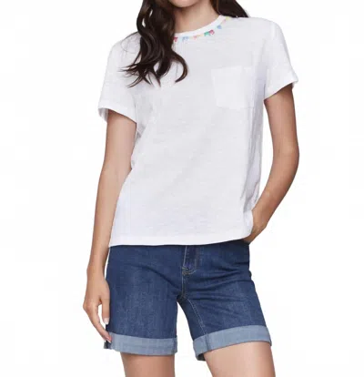 Charlie B Short Sleeve Tee With Pastel Embroidery At Neck In White