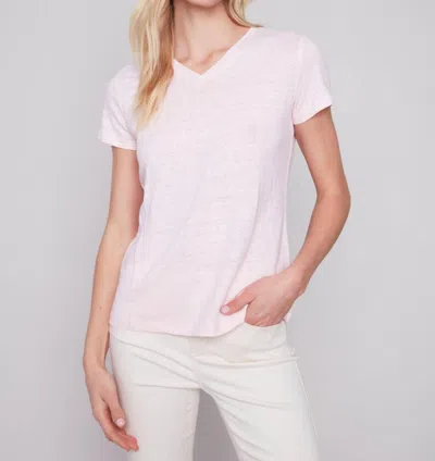 Charlie B Short Sleeve V Neck Linen T-shirt In Light Pink