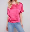 Charlie B Short Sleeves Crew Neck Satin Jersey Dolman Top In Punch In Pink