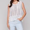 Charlie B Sleeveless Floral Border Crochet Top In Bluebell In White