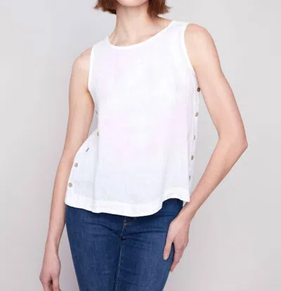 Charlie B Sleeveless Linen Top With Side Buttons In White