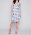 CHARLIE B SLEEVELESS PRINTED DRESS IN ABSTRACT