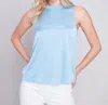 Charlie B Sleeveless With Rib Crewneck Top In Light Blue In Blue