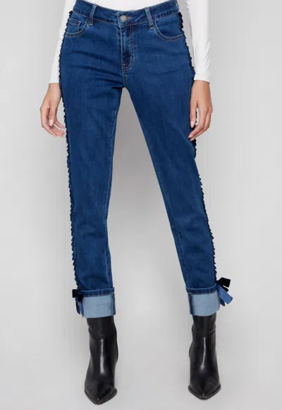 Charlie B Slim Leg Jeans With Velvet Bow In Indigo In Blue