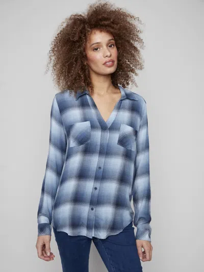 Charlie B Soft Lightweight Button Down Shirt In Denim Plaid In Blue