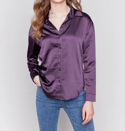 Charlie B Solid Gutsy Satin Button-down Shirt In Violet In Pink