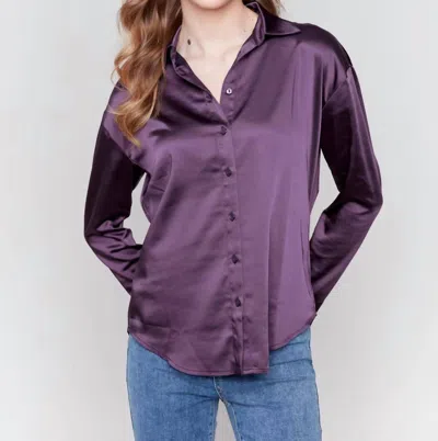 Charlie B Solid Gutsy Satin Button-down Shirt In Violet In Pink