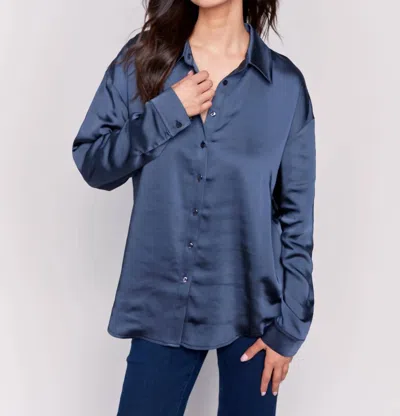 Charlie B Solid Satin Shirt In Navy In Blue