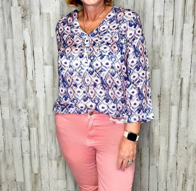 Charlie B Spring Watercolor Gauze Blouse In Navy/pink Multi