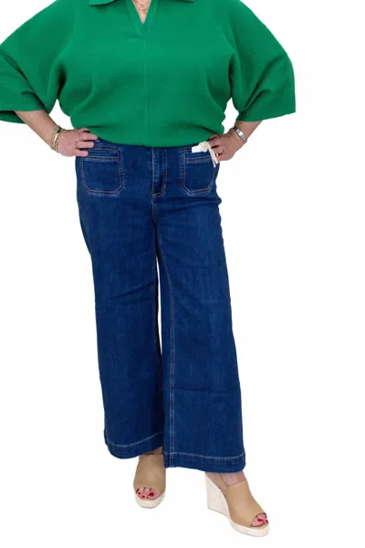 Charlie B Stretch Denim Cropped Flare Leg Patch Pocket Pant In Blue