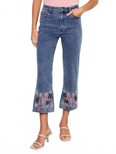 Charlie B Stretch Denim Flare Leg Pants With Eyelet Embroidery In Medium Blue